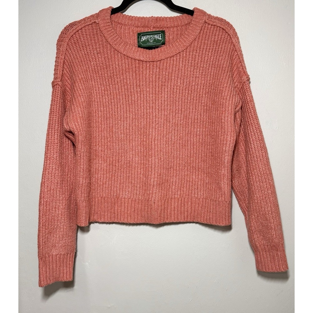 American Eagle Cropped Sweater Women's Size S Pink Coral Stretch Poly Wool Blend